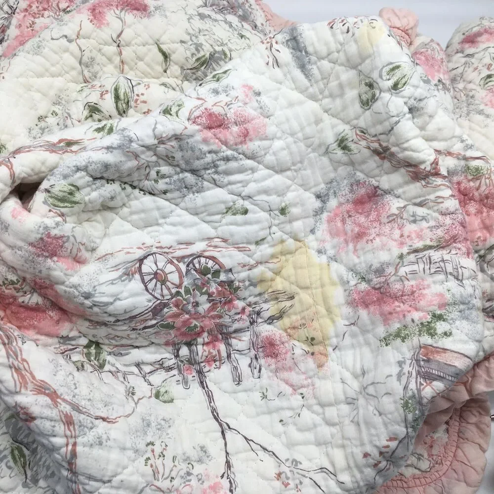 Vtg Pink White Floral Quilted Bedspread Coverlet Cottagecore 75x77” READ Distres